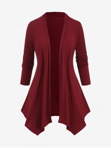 Plus Size Handkerchief Ruched Cardigan - DEEP RED - XL