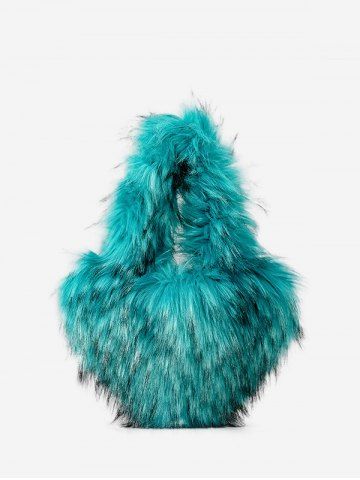 Women's Fashion Retro Heart Shape Fluffy Faux Mink Hair Party Tote Bag - MACAW BLUE GREEN