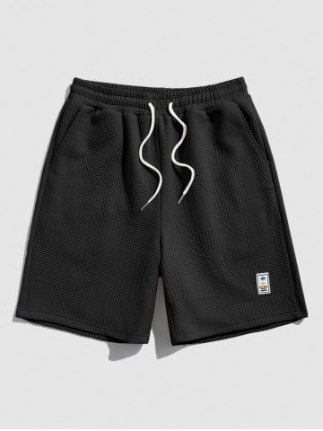 Geometric Textured Basic Drawstring Shorts - BLACK - XL