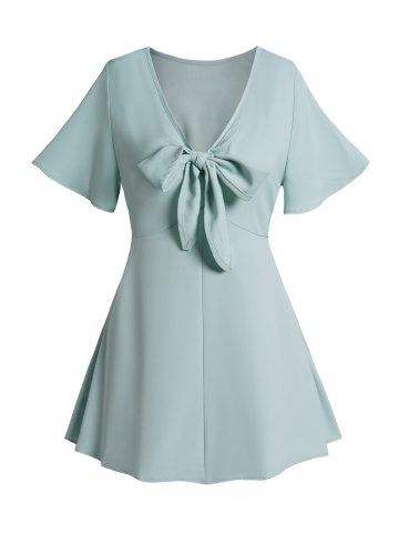 Plain Color Bowknot Tied Short Sleeve V Neck Casual Top - LIGHT GREEN - L