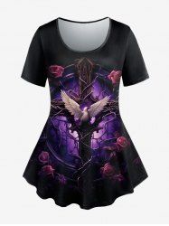 Gothic Bird Cross Rose Print Short Sleeves T-shirt -  