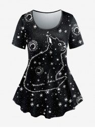 Plus Size Galaxy Cat Moon Sun Print Short Sleeves T-shirt -  