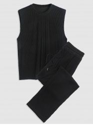 Casual Basic Two Piece Set Solid Color Crew Neck Ribbed Textured Plain Tank Top Sleeveless T Shirt Drawstring Pants Set -  