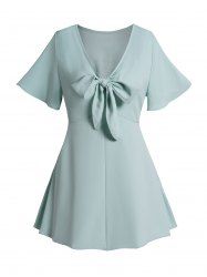 Plain Color Bowknot Tied Short Sleeve V Neck Casual Top -  