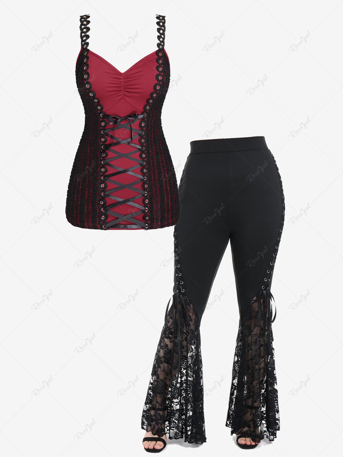 Shops Lace Ruched Lace-up Tank Top And Plus Size Lace Panel Flare Pants with Lace-up Gothic Outfit  