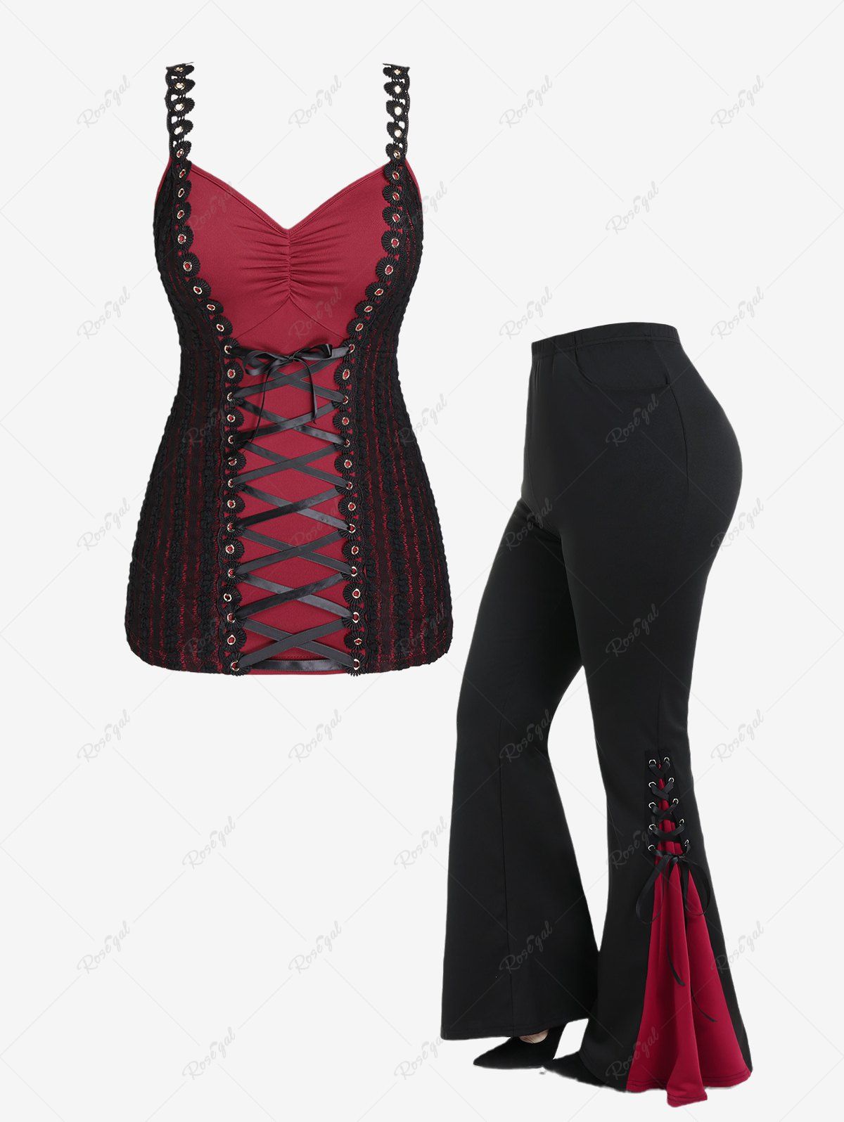 Store Gothic Lace-up Ruched Lace Tank Top and Contrast Godet Hem Flare Pants Outfit  