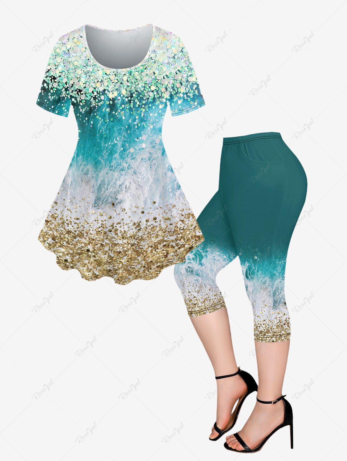 Buy Plus Size Waves Sequins Glitter Printed Short Sleeves T-shirt and Pocket Cropped Leggings Outfit  