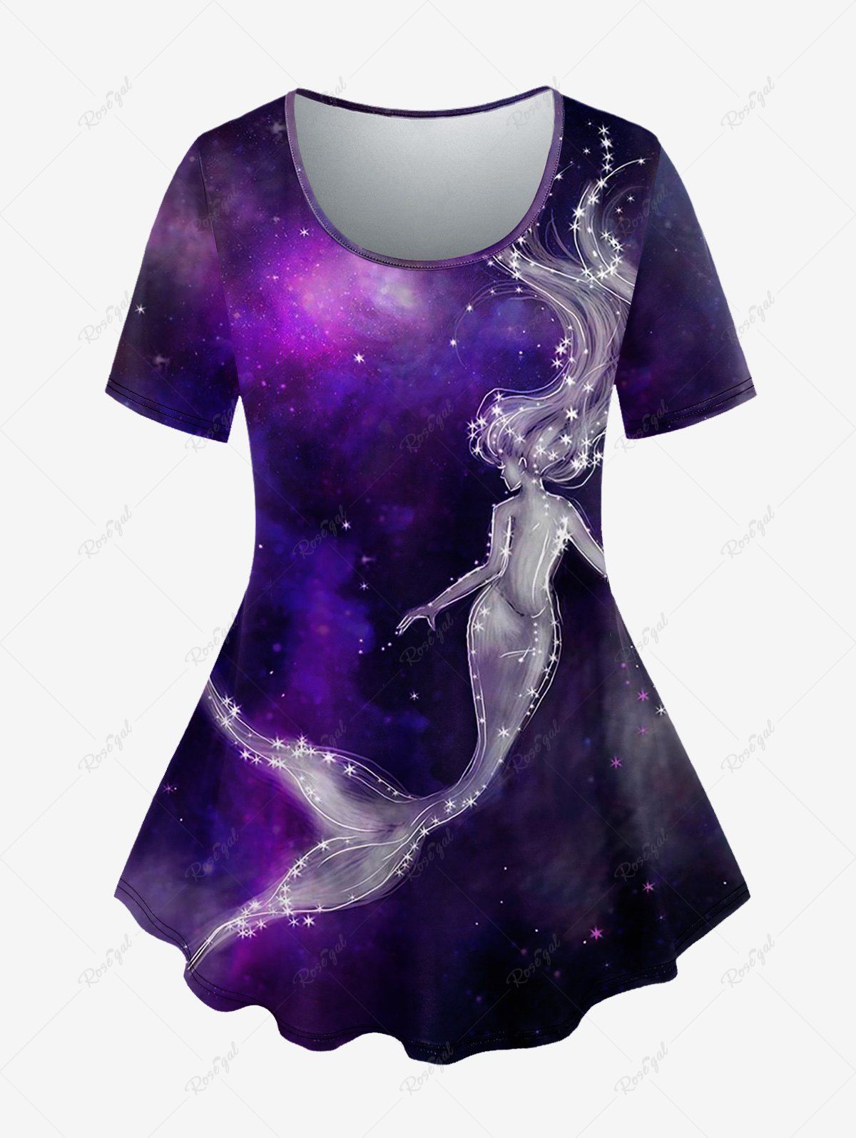 Chic Plus Size Mermaid Galaxy Glitter Print Short Sleeves T-shirt  