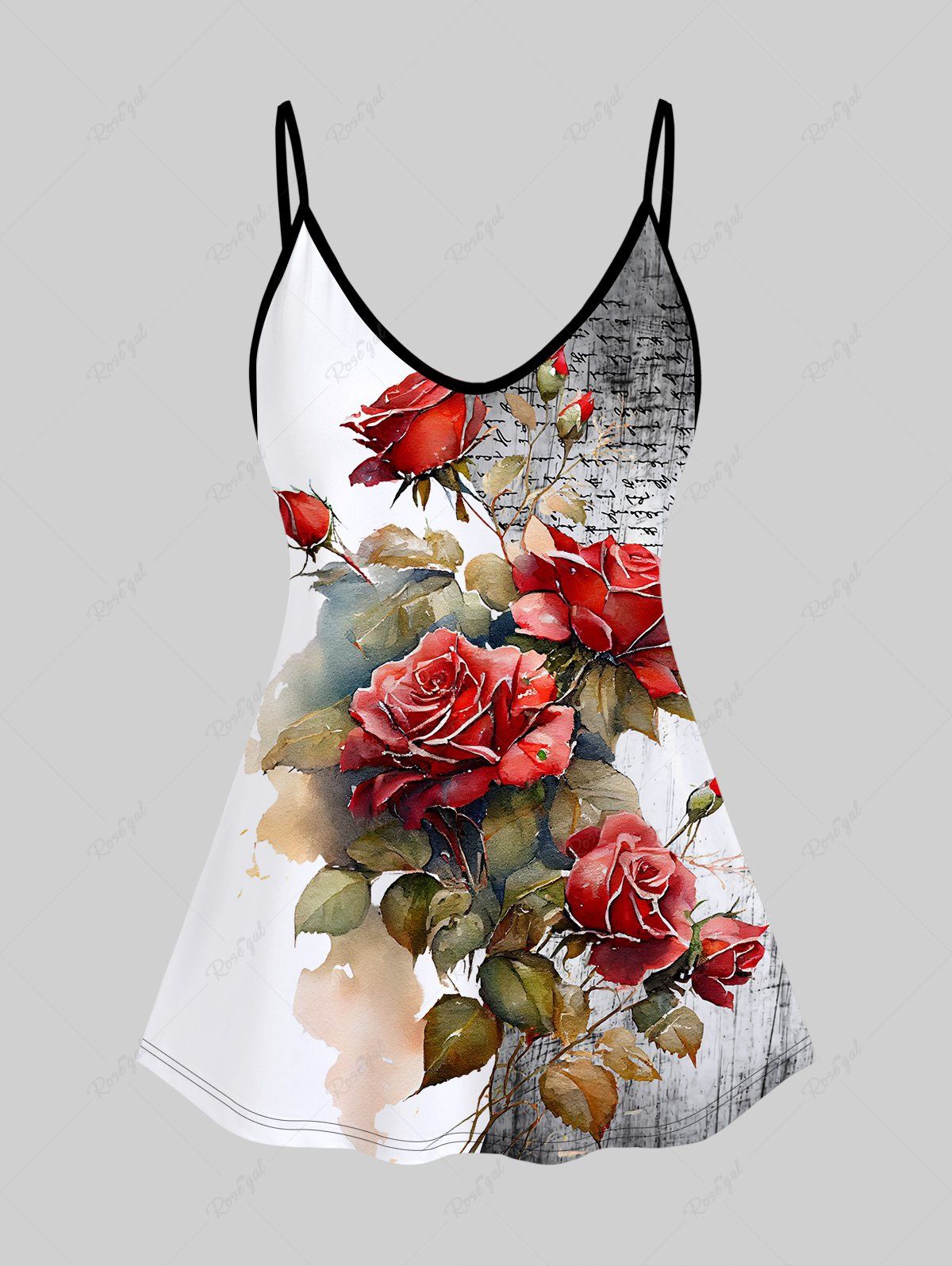 Cheap Plus Size Rose Letters Print Ink Painting Cami Top (Adjustable Shoulder Strap)  