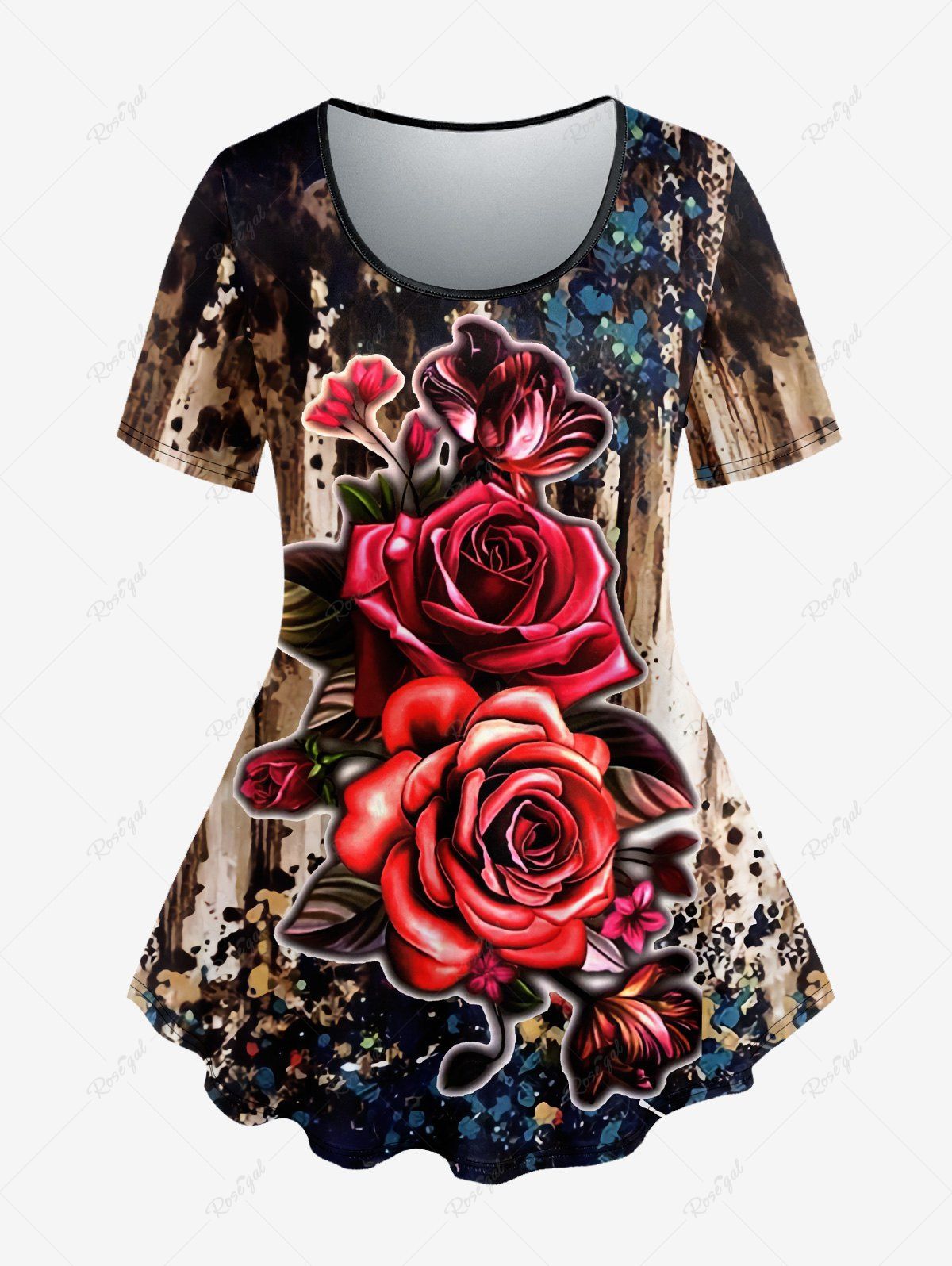 Cheap Plus Size Tie Dye Colorblock Rose Floral Print Short Sleeves T-shirt  