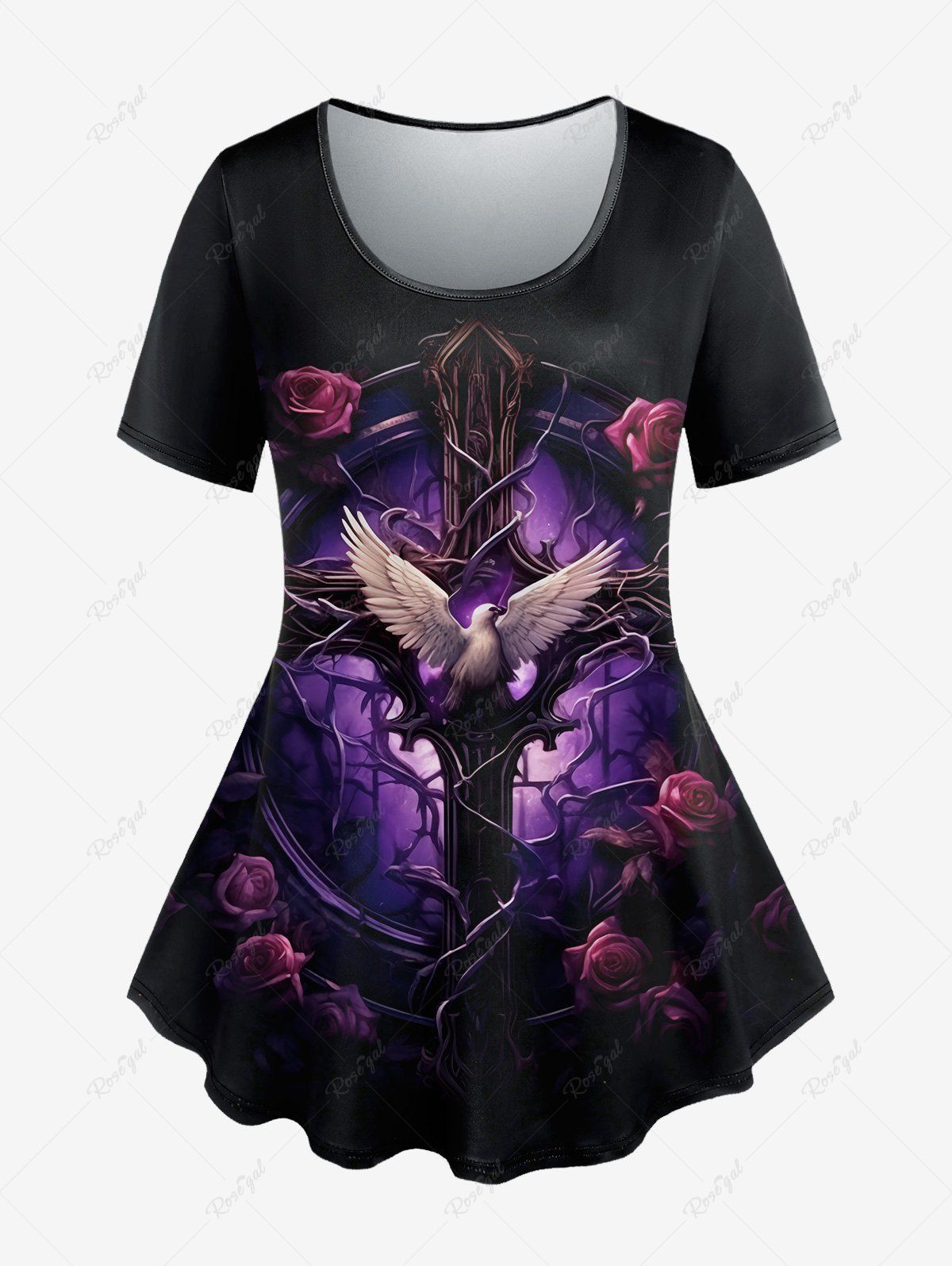 T-shirt Gothique Rose Croix et Oiseau Imprimés à Manches Courtes Noir 5X