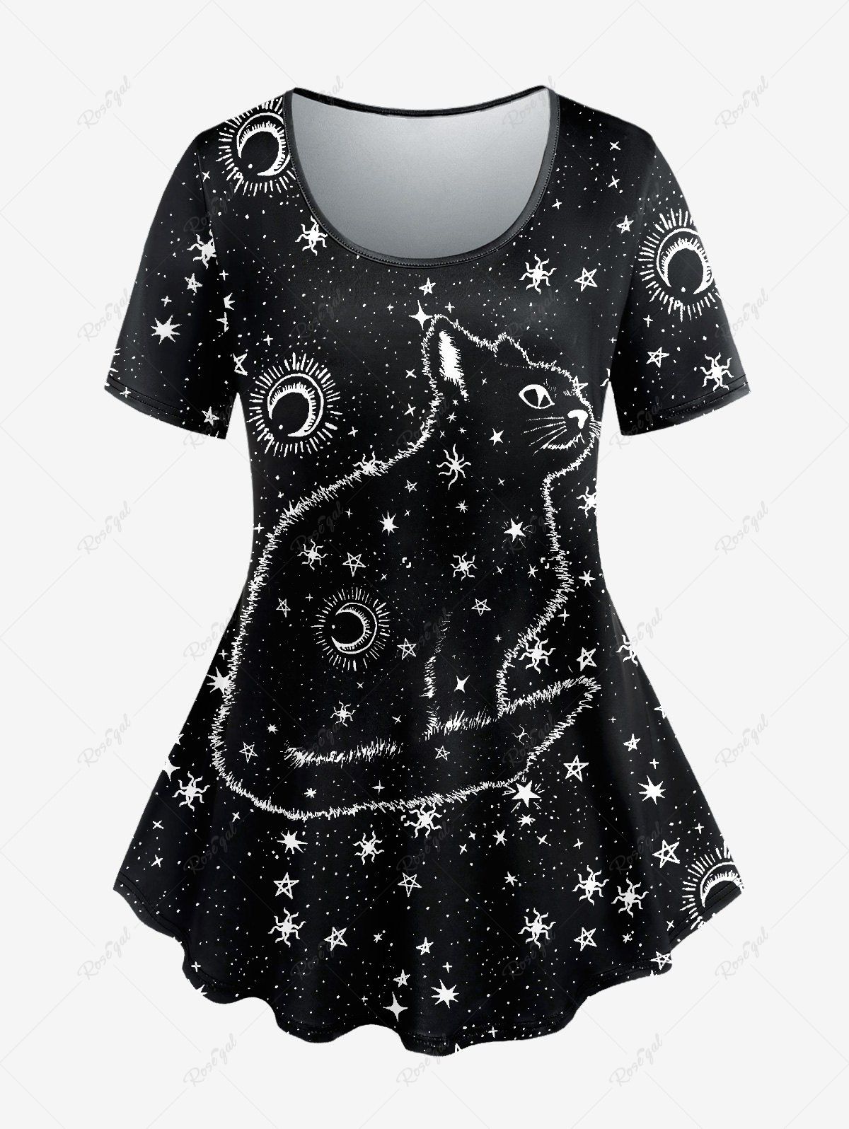 Sale Plus Size Galaxy Cat Moon Sun Print Short Sleeves T-shirt  