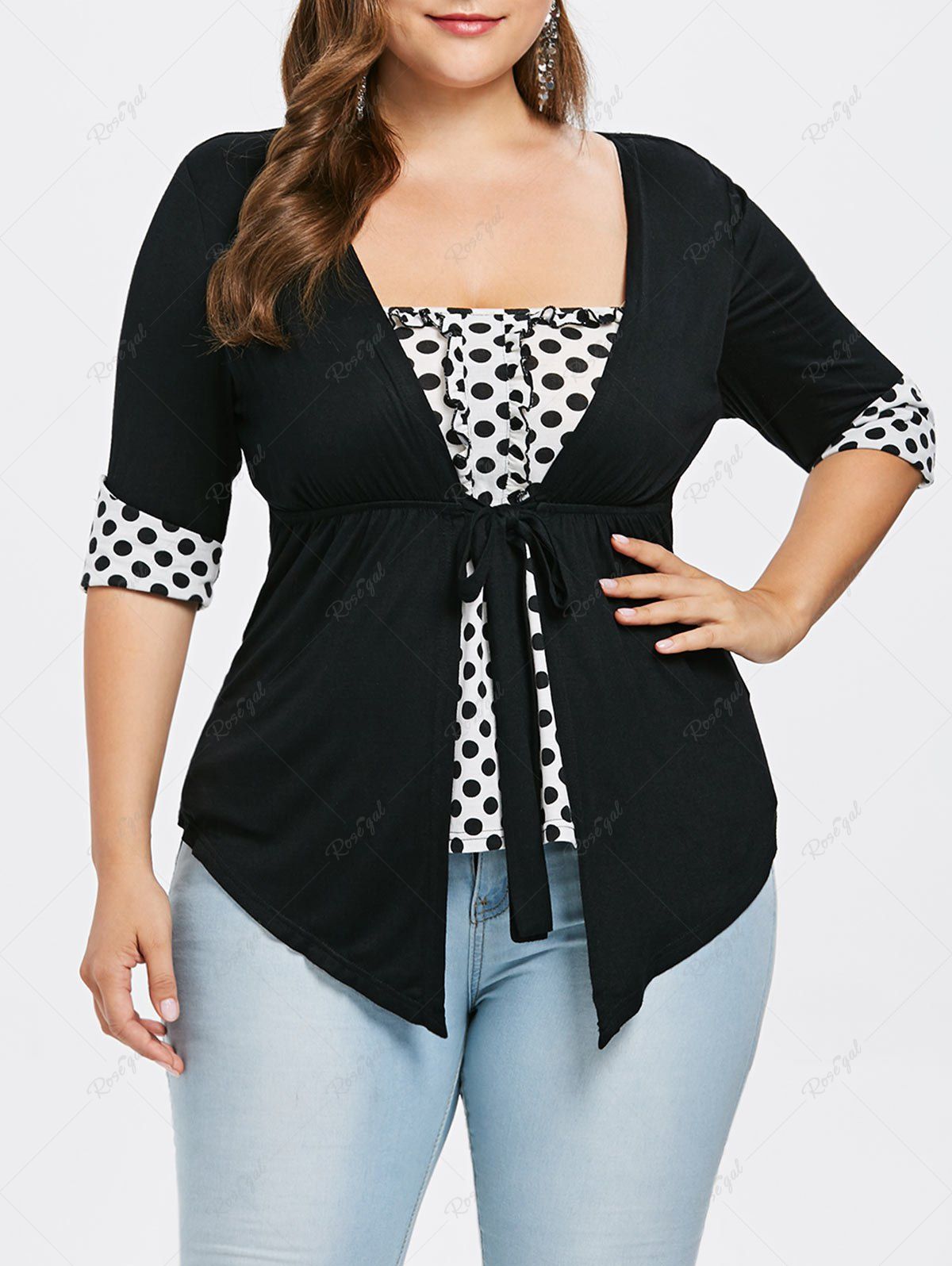 Best Plus Size Tie Ruffles Ruched Polka Dot T-shirt  