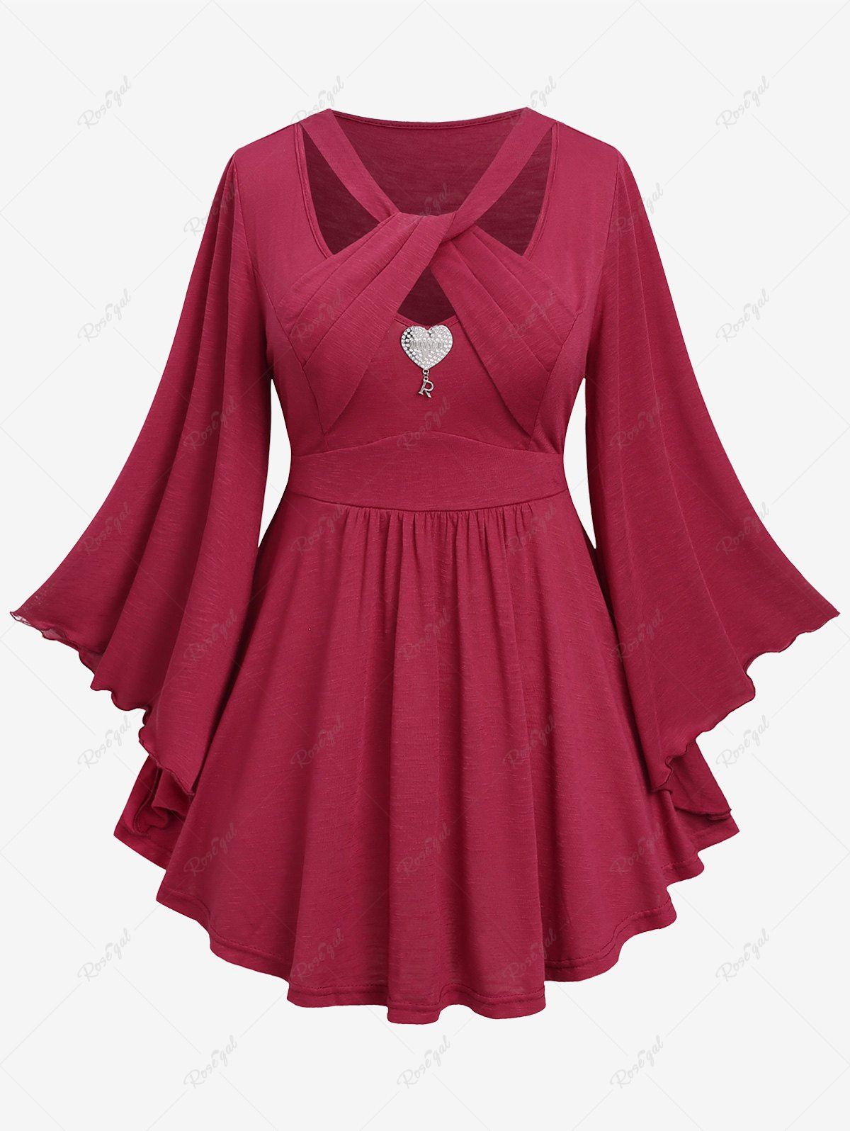 Affordable Plus Size Heart Buckle Butterfly Sleeves Crisscross Blouse  