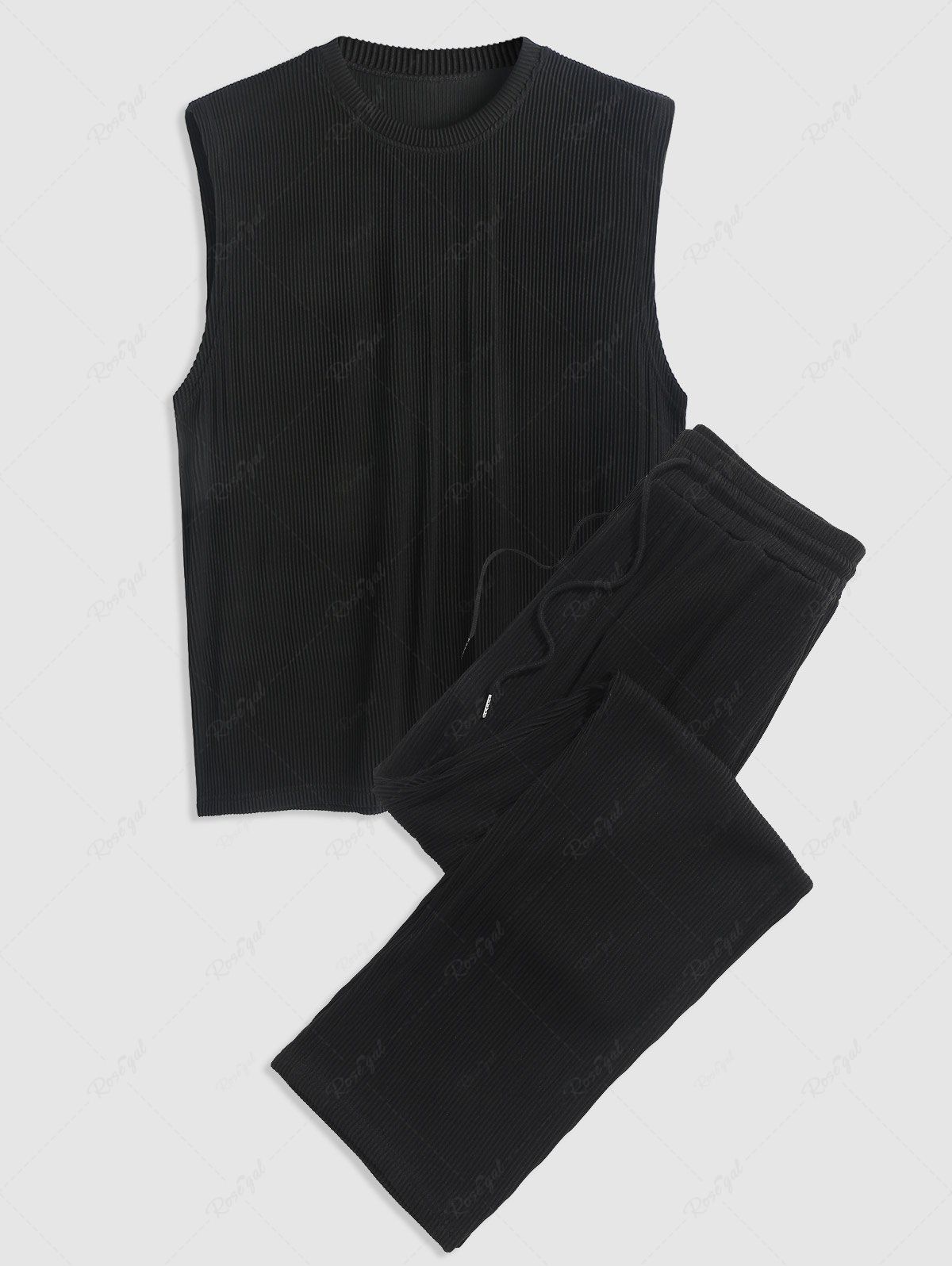 Discount Casual Basic Two Piece Set Solid Color Crew Neck Ribbed Textured Plain Tank Top Sleeveless T Shirt Drawstring Pants Set  