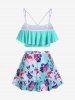 Plus Size Ruffled Overlay Flower Butterfly Print Skirted Tankini Swimsuit (Adjustable Shoulder Strap) -  