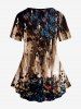 Plus Size Tie Dye Colorblock Rose Floral Print Short Sleeves T-shirt -  