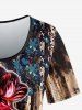 Plus Size Tie Dye Colorblock Rose Floral Print Short Sleeves T-shirt -  