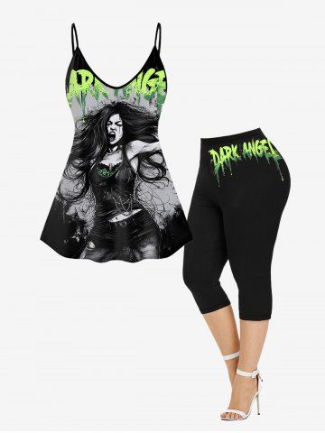 Gothic Crazy Girl Painting Splatter Letter Printed Cami Top(Adjustable Shoulder Strap) and Leggings Outfit - BLACK