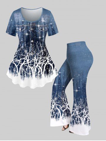 3D Pockets Buttons Glitter Tree Printed T-shirt and Flare Pants Plus Size 70s 80s Outfit - DEEP BLUE