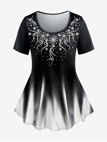 Plus Size Glitter Ombre Floral Figure Print T-shirt - BLACK - XS