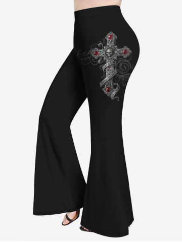 Halloween Plus Size Skull Cross Print Flare Pants - BLACK - XS