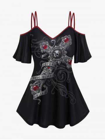 Halloween Plus Size Skull Cross Print Cold Shoulder Cami Top - BLACK - 5X