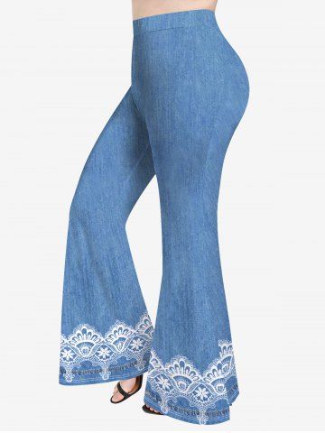 Plus Size Paisley Denim Print Flare Pants - BLUE - 2X