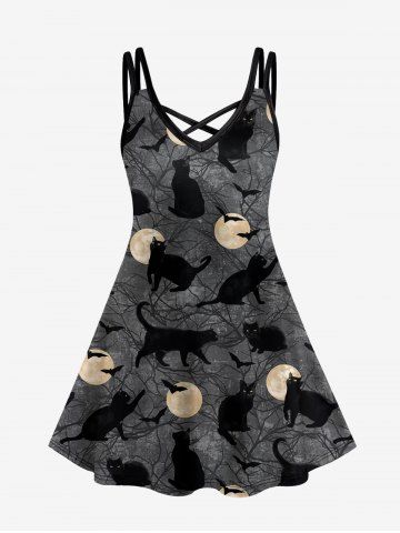 Gothic Cat Moon Bat Print Crisscross Cami Dress - BLACK - 3X