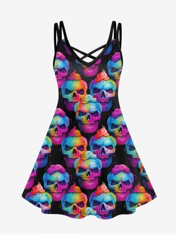 Gothic Skull Print Crisscross Cami Dress