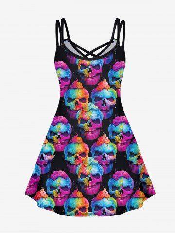 Gothic Skull Print Crisscross Cami Dress