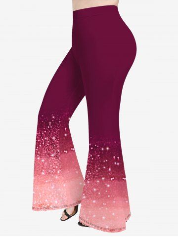 Plus Size Glitter Print Ombre Flare Pants - RED - S