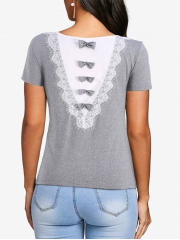 Plus Size Mesh Back Eyelash Lace Trim Bowknot Marled T-shirt - LIGHT GRAY - L | US 12
