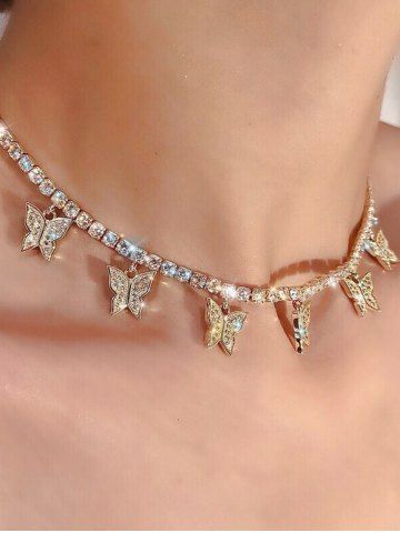 Faux Diamond Butterfly Pendant Necklace - GOLDEN