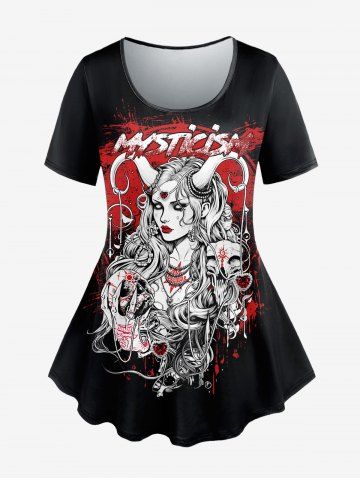 Gothic Mysterious Girl Skull Heart Pendant Print T-shirt - BLACK - 2X