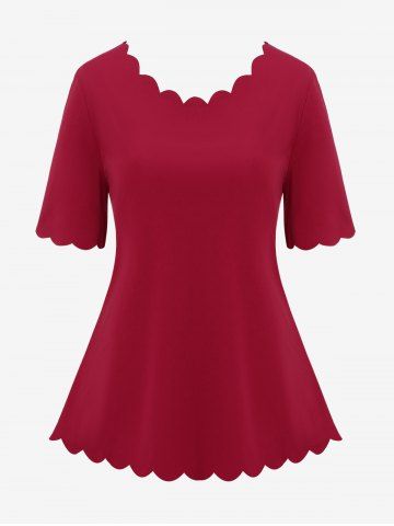 Plus Size Scalloped Cut Short Sleeves T-shirt - DEEP RED - L
