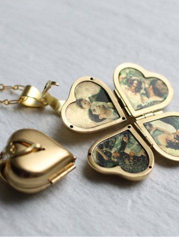 Vintage Four Leaf Clover Layered Picture Box Pendant Necklace - GOLDEN