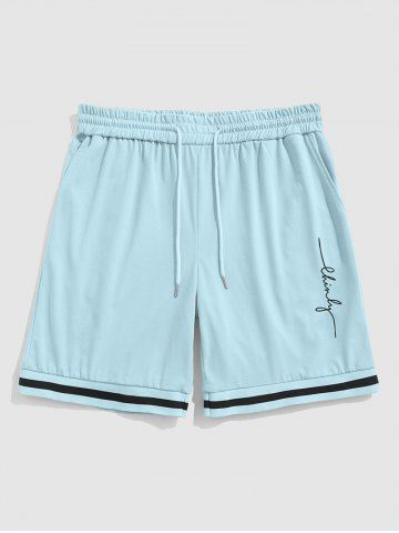 Letter Graphic Printed Striped Panel Sweat Shorts - LIGHT BLUE - M