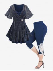 Plus Size Layered Surplice Heart Buckle Ruched Short Sleeves T-shirt and Leggings Outfit -  