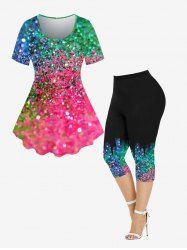 Sequins Glitter Printed Short Sleeves T-shirt and  Capri Leggings Plus Size Outfit -  