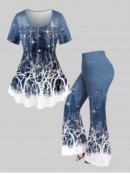 3D Pockets Buttons Glitter Tree Printed T-shirt and Flare Pants Plus Size 70s 80s Outfit -  