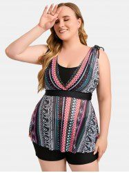 Plus Size Tie Ethnic Pattern Print Boyleg Tankini Swimsuit -  