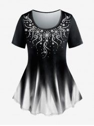 T-shirt Ombre Figure Floral Imprimé de Grande Taille à Paillettes - Noir 6X