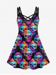 Gothic Skull Print Crisscross Cami Dress -  