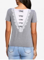 Plus Size Mesh Back Eyelash Lace Trim Bowknot Marled T-shirt -  