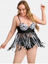 Plus Size Faces Print Tassel Tankini Swimsuit -  