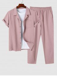Men's Solid Color Lapel Collar Button Front Short Sleeve Shirt And Casual Pants Set -  