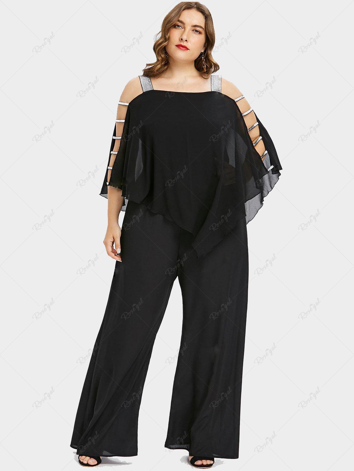 Chic Plus Size Overlay Ladder Cut Out Wide Leg Jumpsuit  