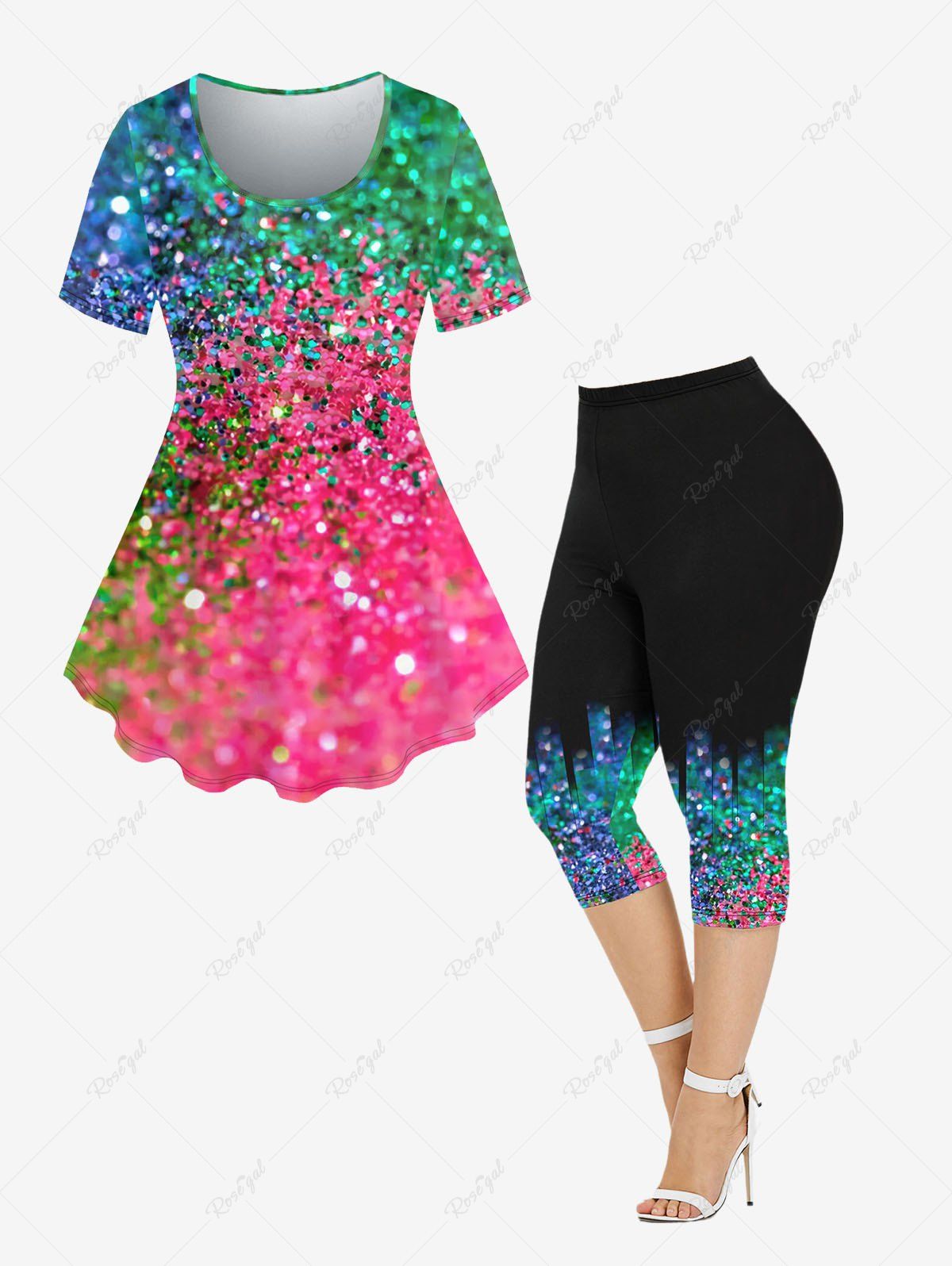 Outfits Sequins Glitter Printed Short Sleeves T-shirt and  Capri Leggings Plus Size Outfit  