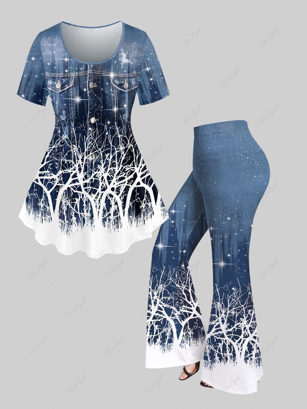 Fancy 3D Pockets Buttons Glitter Tree Printed T-shirt and Flare Pants Plus Size 70s 80s Outfit  